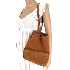 Eddie Bauer Tan Suede‎ Leather Bag Drawstring One Shoulder Backpack Purse thumbnail 3