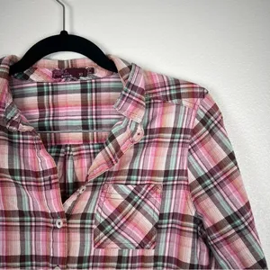 Prana Womens XS Plaid Henley‎ Pullover Long Sleeve Roll Tab Shirt Pink Brown thumbnail 3