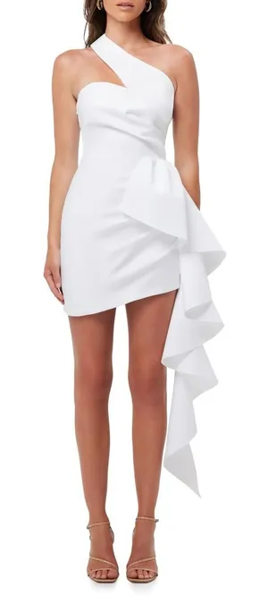 Elliatt White One-Shoulder Mini Dress with Cascading Ruffle thumbnail 1