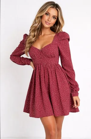 Asos Design‎ Red Burgundy Cotton White Polka Dot Babydoll Mini Dress Size 10 thumbnail 1
