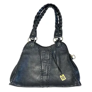 Vintage FENDI Black Pebbled Leather Spy Bag Purse Braided Handles Handbag thumbnail 1