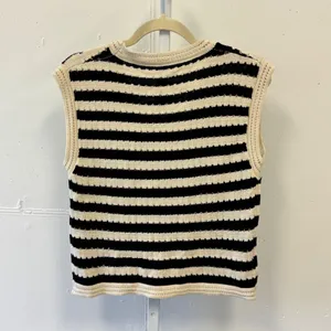 Commense Black Cream Striped Knit Sweater Vest Top Scoop Neck OA221220020 Summer thumbnail 2