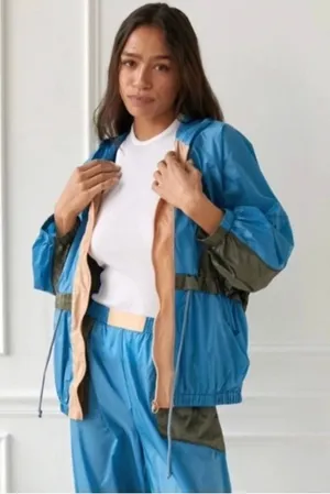 Out‎ From Under Windbreaker Jacket Womens Small Blue Colorblock Hooded Retro Zip thumbnail 1