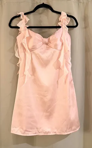 NWT Fashion Light Pink Satin Slip Dress with Ruffle Straps thumbnail 1