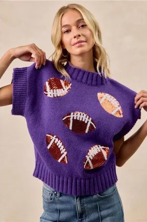 ✨NWT‎ BiBi Gameday Sequin Football Patches Rib Banded Sweater thumbnail 1