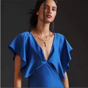 ANTHROPOLOGIE Sachin & Babi Ruffled Maxi Dress V-Neck Flutter Sleeves Blue 8 thumbnail 4