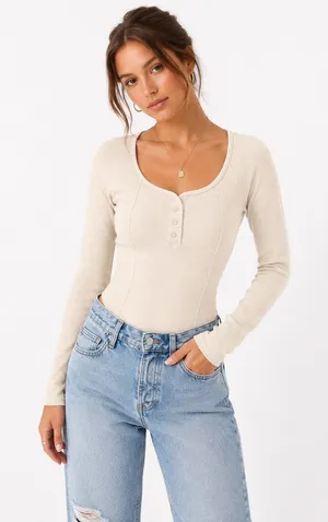 Aerie Cream Long Sleeve Ribbed Henley Bodysuit thumbnail 1