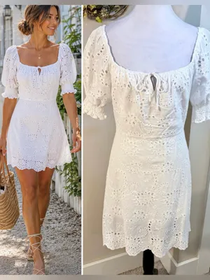 7 For All Mankind White Eyelet Puff Sleeve Babydoll Dress Size M💛 thumbnail 2