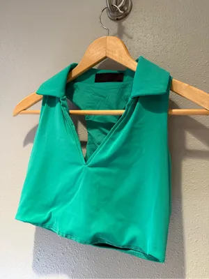 New Crane Collared Longline Sports Bra Crop Top Green Small thumbnail 5