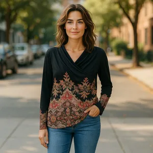 Made with Love Black Red Brown Green Paisley Knit‎ Top Crossover V Neck S thumbnail 2