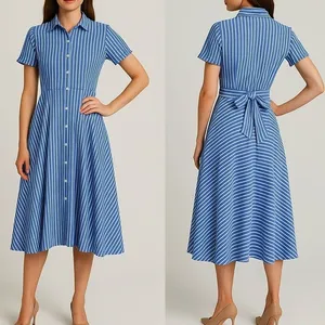 Ivy + Blu Striped‎ Shirt Dress Fit & Flare handkerchief hem Cotton Blue White 10 thumbnail 2