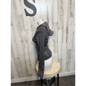 Gray Athletic Hooded Top Women Small Long Sleeve Fitted Workout Hoodie Stretch thumbnail 3