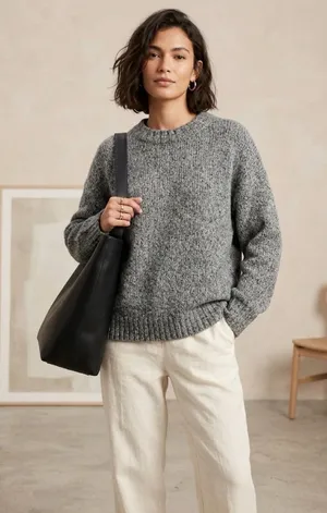 White Fox Wool Blend Marled Chunky Knit Boho Minimalist Grey Sweater L/XL thumbnail 1