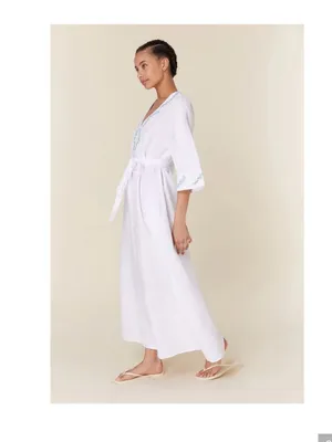 Andie x Fanm Mon Kepez Maxi LINEN Kaftan Dress Blue Floral Embroidery NWT MED thumbnail 13