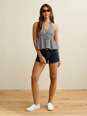 American Eagle Cherry Gingham Halter Peplum Top XS Embroidered Babydoll Y2K thumbnail 3