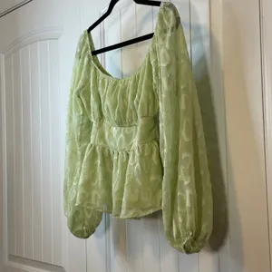 A.CALIN Flying Tomato Sage Green Texture Peplum Top‎ Balloon Sleeve Cottage Core thumbnail 4