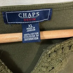 Chaps Denim Top Women XL Olive Green Crochet‎ Lace Split Neck Cotton Boho Casual thumbnail 4