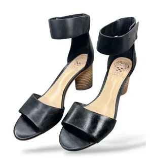 Vince Camuto Black Leather Ankle Strap Block Heel Sandals Womens 7.5 M thumbnail 1