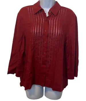 Rena Rowan Vintage Burgundy 100%‎ Linen Ladder Crochet Button Down Blouse Sz 14 thumbnail 1