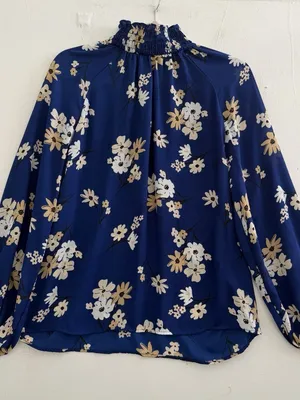 NEW Ann Taylor LOFT Women's MEDIUM Smocked High Neck Blouse Long Sleeve BlueTop thumbnail 2