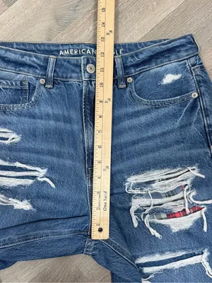 American Eagle Distressed Patched Mom Straight Jeans‎ Blue 10 High Waist thumbnail 13