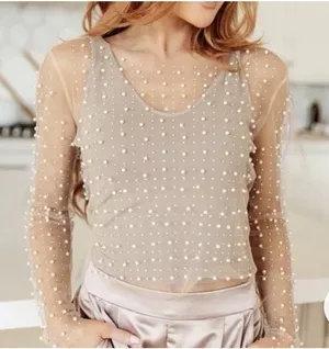 New‎ Haute Monde Transparent Beige Mesh Top with Faux Pearl Size S Festival thumbnail 1