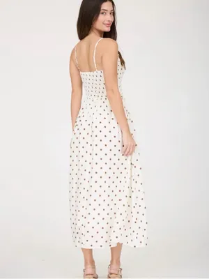 Blu Pepper White Polka Dot Smocked Basque Waist Midi Dress Medium thumbnail 3