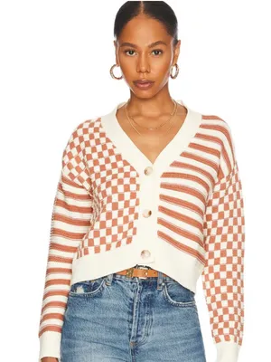 MORE TO‎ COME Sima Button Up Sweater Checkered Cropped Cardigan Brown Multi XS thumbnail 1