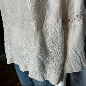 Kaktus Boho Embroidered Peasant Top XL Beige Off Shoulder Crochet Sequin thumbnail 6