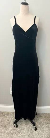 Rave City Vintage Black velour velvet bodycon slit spaghetti strap dress medium thumbnail 1