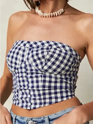 Free People Leilani Tube Top in Blue Gingham thumbnail 1