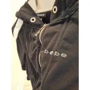 Bebe Short Zip Up Hoodie Y2K Style Womens L Black White Stripe Rhinestone Logo thumbnail 6