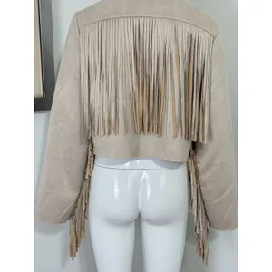 Women’s Boho Western Fringe Faux Suede Jacket Beige Festival Cowgirl Size L thumbnail 9