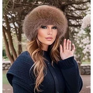 Brown Faux Fur Wide Brim Winter Hat-One Size thumbnail 1