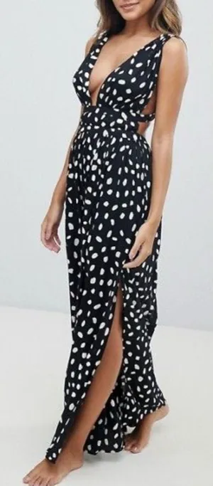 ASOS Front Slits Back Cut Out Black and White Patterned Maxi Beach Dress 2 thumbnail 1