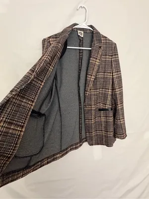 Anne Klein Women Plaid Single Button Knit Blazer Faux Leather Trim Size M(A899) thumbnail 6