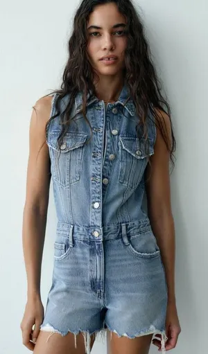Zara Light Blue Denim Romper thumbnail 1