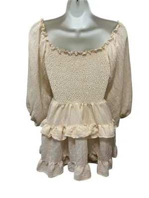 Windsor Milkmaid Smocked Ivory Ruffled Mini Dress S Ruched Top Tier Skirt Balloon Sleeve thumbnail 5