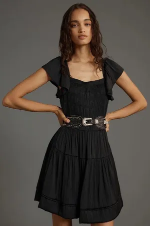 Anthropologie NWT Black Flutter Sleeve Square Neck Smocked Mini Dress Size‎ M thumbnail 1