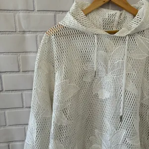 Free People FP Movement White Floral Mesh Hoodie High Low Hem Sweatshirt‎ Large thumbnail 5