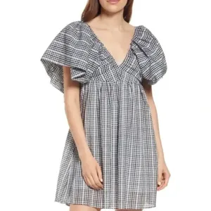 Moon River Afternoon Sunshine Multi Plaid Puff Sleeve Mini Dress thumbnail 2