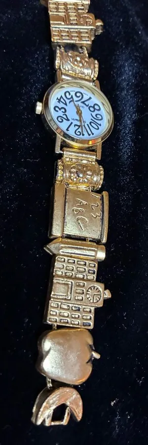 Gold Tone Teacher School Apple Pencil ABC 123 Slide Charm Bracelet Watch thumbnail 1