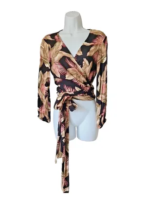 🌺 Billabong Tropical Palm Long Sleeve Wrap Crop Top - Women’s Size L 🌿 thumbnail 3