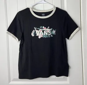 NWOT VANS women’s junior’s black‎ white floral cropped casual tshirt top large thumbnail 1