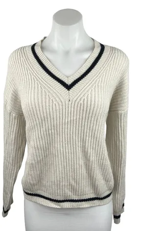 Shein Women's Knit Ribbed Cream V-Neck Long Sleeves Pullover Sweater Top Size 6 thumbnail 1
