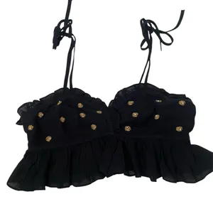 Free People NWT Black Ruffled Embellished Boho Crop Top Sz XS Spring Break thumbnail 2