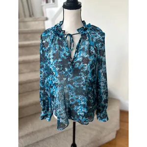 Anthropologie Blue Black Floral Lace Print SHEER Blouson Sleeve Blouse thumbnail 2
