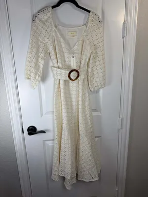 Maeve by Anthropologie White Eyelet Linen Belted Maxi Dress thumbnail 4