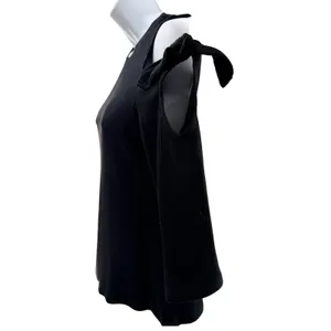 Rebecca Taylor Black Cold Shoulder Ribbed Knit Top Tie Sleeve Open Shoulder NWT thumbnail 3
