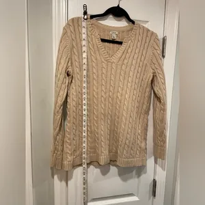 L.L. Bean Size M Tan Khaki Cotton Cable Knit V Neck Pullover Fisherman Sweater thumbnail 10